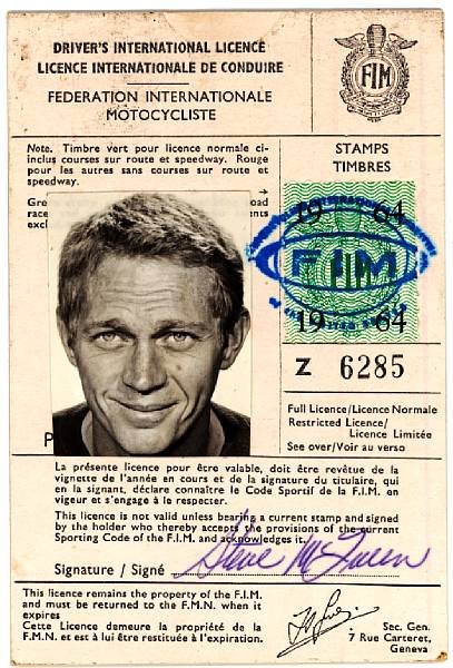 Steve McQueen's international license Via Laurence O'Toole's website